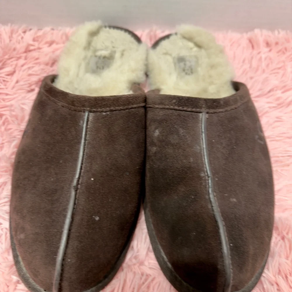 Ugg Scuff Suede Logo Men Slipper Sandal‎ Espresso Brown Dark Chocolate Sz 11 GUC
